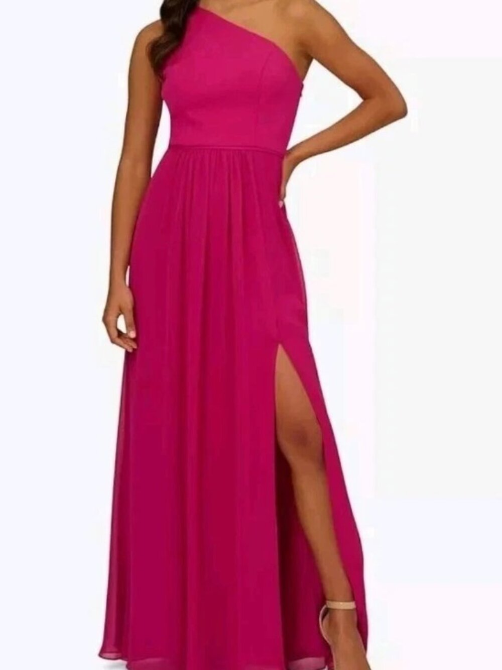 Adrianna Papell Magenta Fuchsia One Shoulder Chiffon Gown